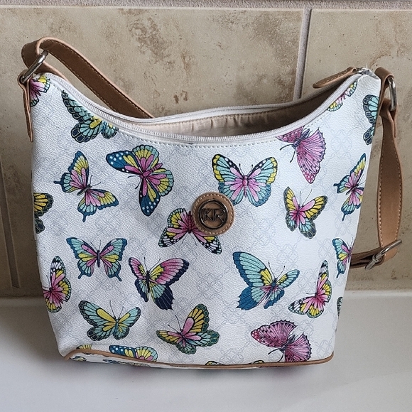 Kim Rogers Butterfly Print White and Tan Women's Bag - Picture 2 of 6